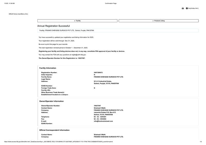 FDA Registration Confirmation