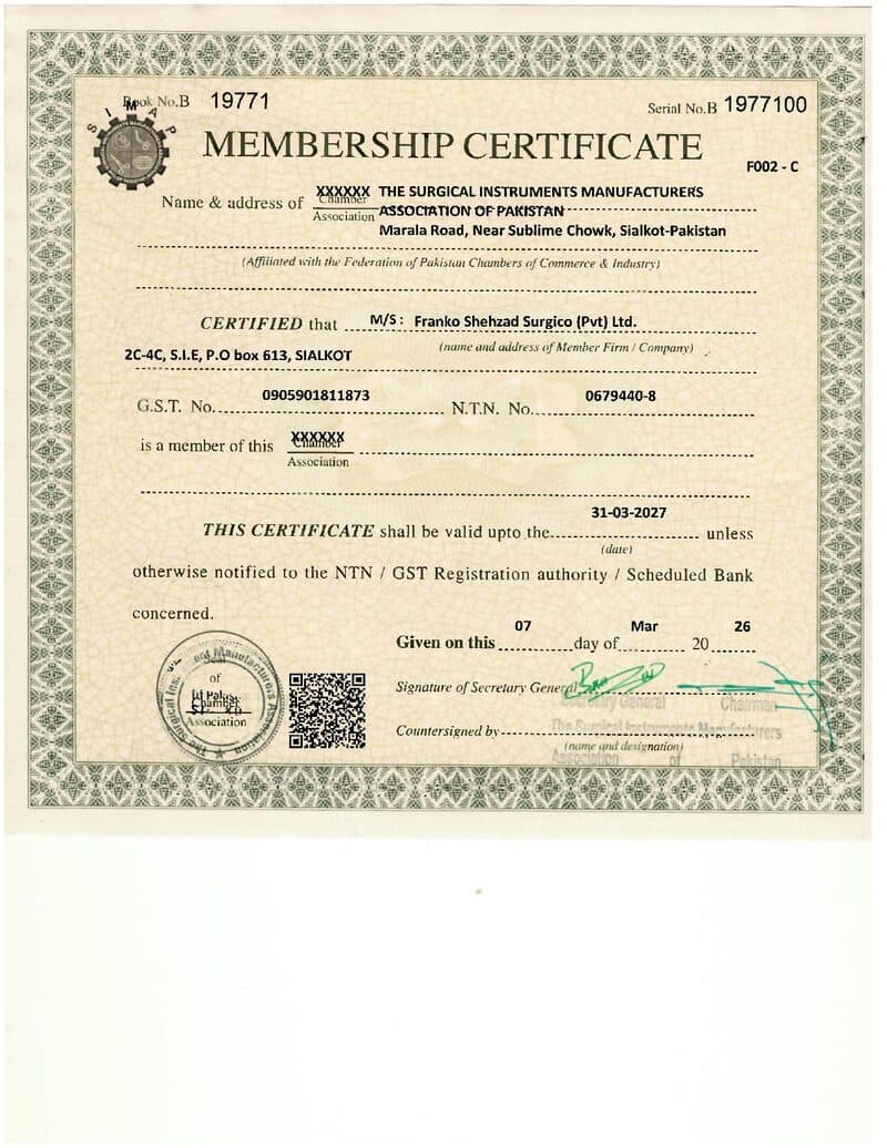 Surgical Instrument Manufacturers Association Certificate