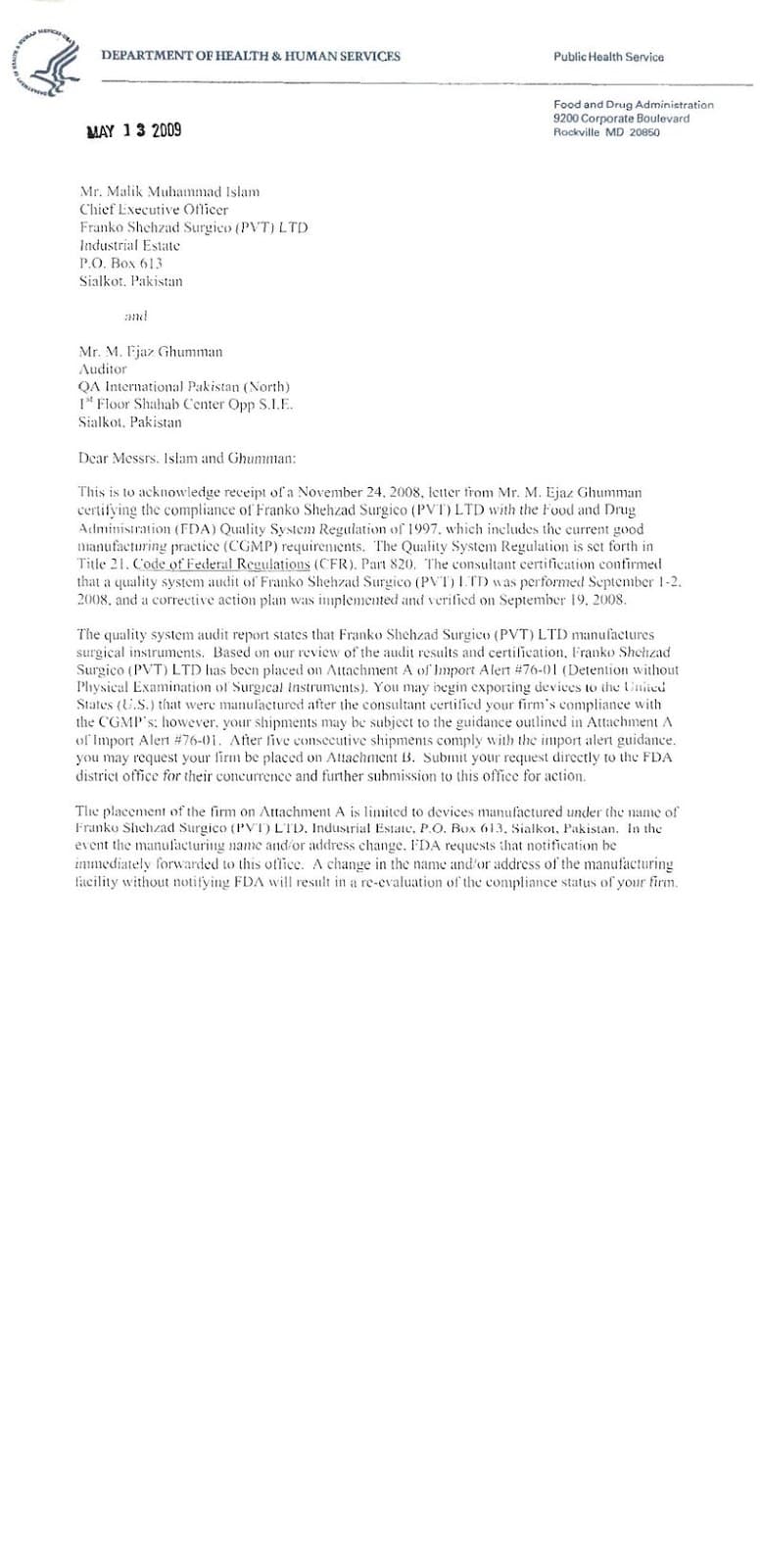 cGMP Approval Letter